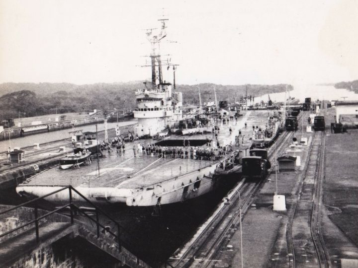 Colossus-Class Carrier HMS Warrior (R31) Navigates Gatun Locks en Route to the Pacific for Operation Grapple, February 1957